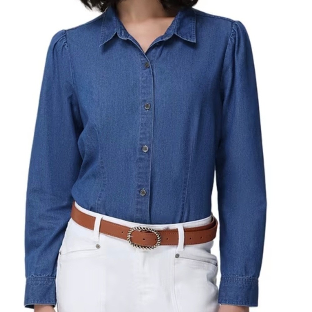 Frye Womens Denim Top Medium Wash Puff Sleeve Button Down Shirt Large NWT